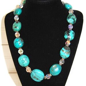 Chunky Turquoise Sterling Silver necklace Swarovski beads Round gemstones